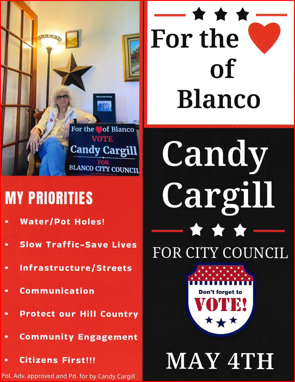 For The Love of Blanco Vote For Candy On Saturday, May 4, 2024 For Blanco City Council